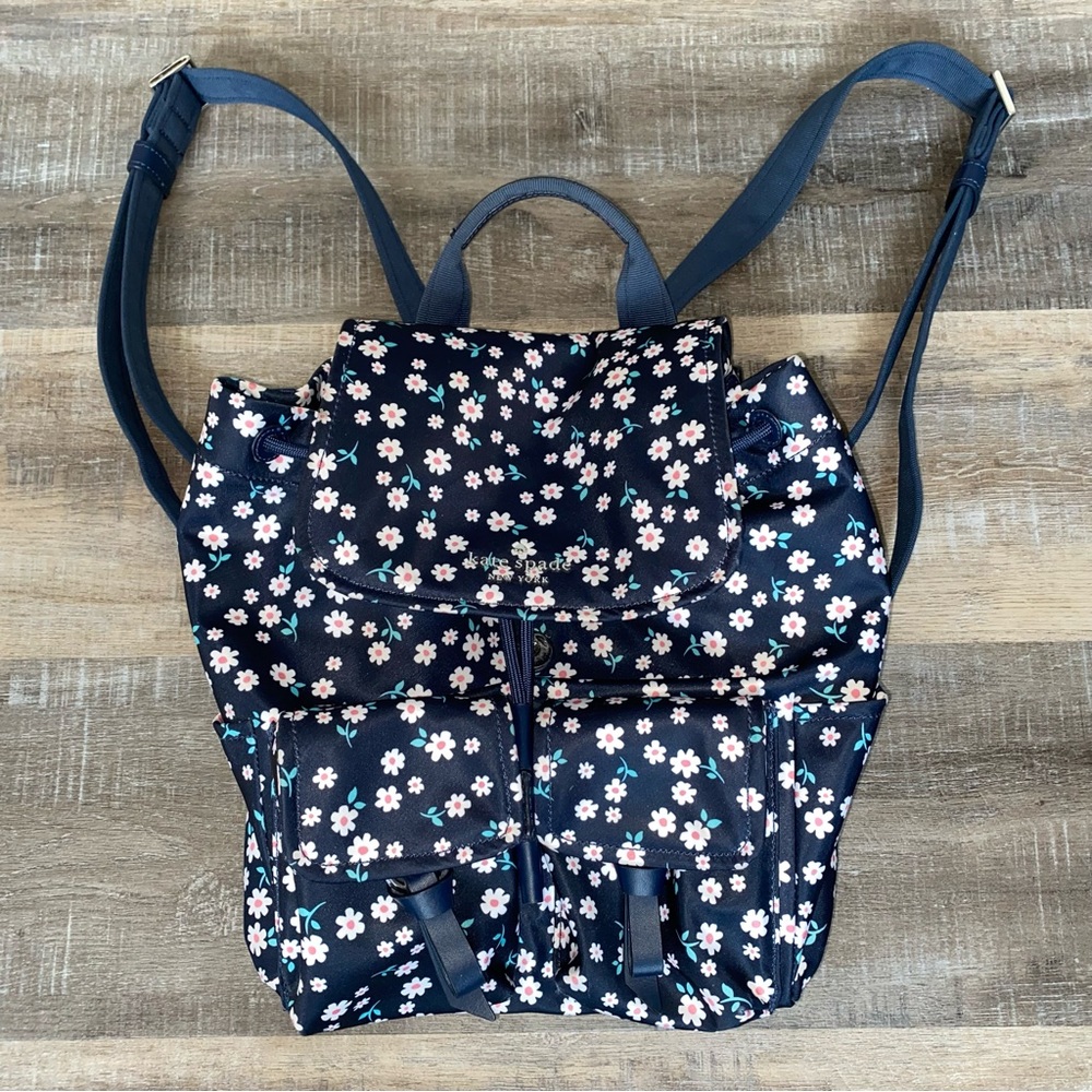 Kate Spade New York Fleurette Carley Flap Drawstring Floral Navy Nylon Backpack